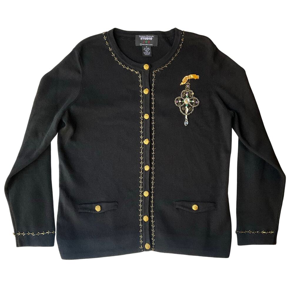 Designers Originals Women Long Sleeve Button Down Knit Cardigan size M, Black
